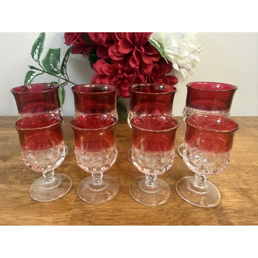 Vintage Ruby Flash Kings Crown Goblets‎ Set Holiday Barware Red MCM Bar Cart